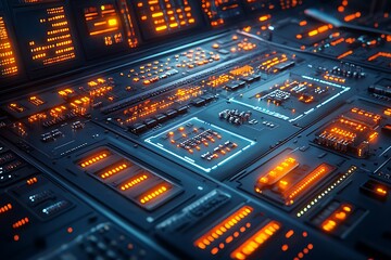 Abstract depiction of a futuristic technological circuit board with illuminated orange elements