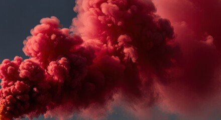 A large plume of red smoke billowing against a dark sky creating a dramatic and abstract scene
