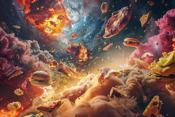 High Detail Picture of Cosmic Event Illustration with Celestial Beings Purging Junk Food