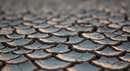A close up shot of a cracked and dry earth surface with a pattern of polygons in a desert landscape