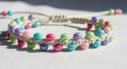Close up of a handmade bracelet with colorful beads and a woven design on a white surface in soft lighting