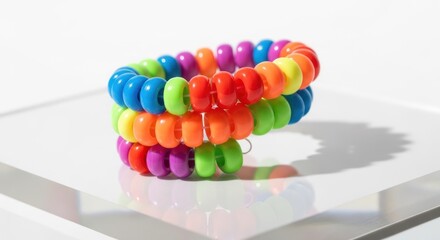 A stack of three colorful spiral hair ties on a white surface with a soft shadow underneath it all