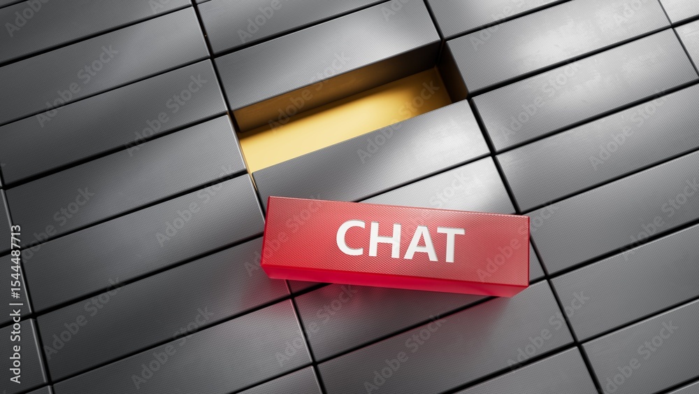 Poster Chat.metal blocks spelling.Flat lay view from above on metal blocks buttons.IT technology concept.3D rendering on red background.