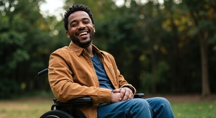 Obraz premium Happy african american man in brown jacket sitting in wheelchair outdoors in park. Disability inclusion and accessibility. Wheelchairs, mobility aids, disability services, accessibility products sale