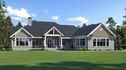 Obraz premium A serene backyard with a large, well-maintained lawn and a cozy, rustic house with a stone facade and a chimney, surrounded by lush green trees and a clear blue sky.