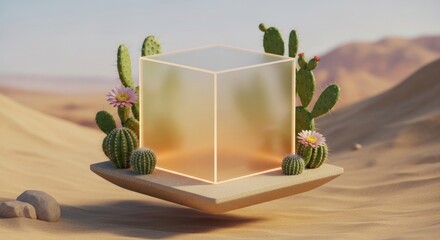 A glowing cube on a platform surrounded by cacti in a desert landscape with soft lighting and shadows