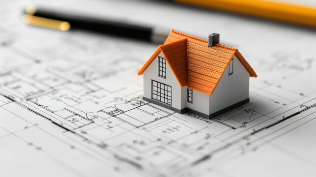A miniature model of a house with an orange roof and white walls, placed on top of architectural blueprints with a pen and pencil in the background.