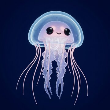 Cute Cartoon Box Jellyfish Glowing in Deep Sea, 3D Illustration