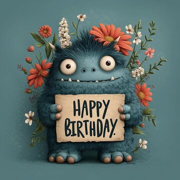 A happy, weird, cartoon monster with flowers in his hair and a sign saying "Happy Birthday" dancing and rolling his eyes.