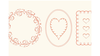 Floral wreath, oval frame with heart and rectangle frame with hearts in a simple line art style