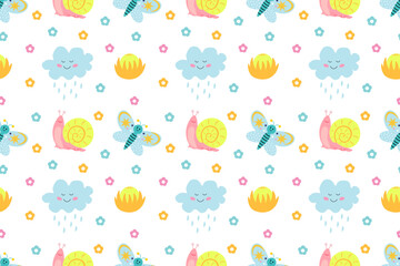 Beautiful cartoon seamless pattern. Snail is smiling,  cute cloud with raindrops,  bright yellow flower, and  butterfly. Environment. For wallpapers, textiles, backgrounds, packaging, or websites.