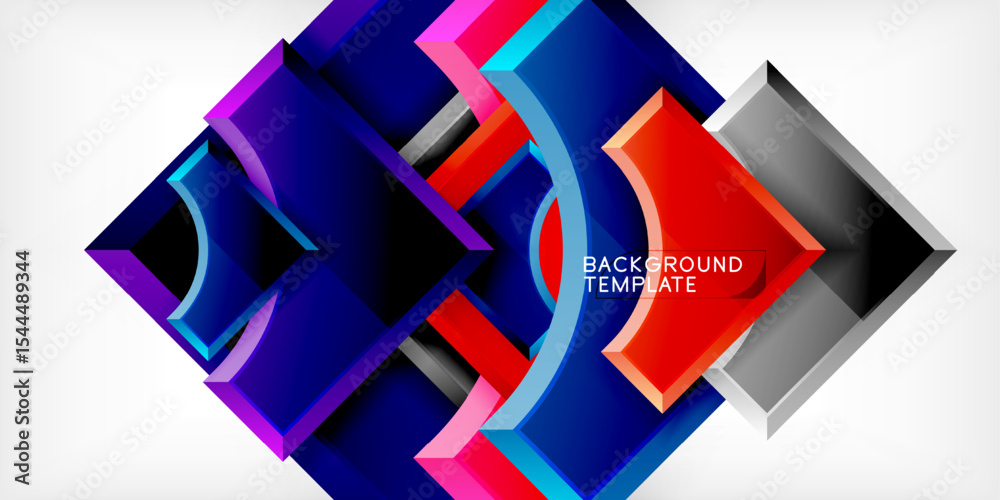 Poster Abstract geometric design. Overlapping squares create dynamic visual effect. Bright colors contrast with dark background. Modern template.