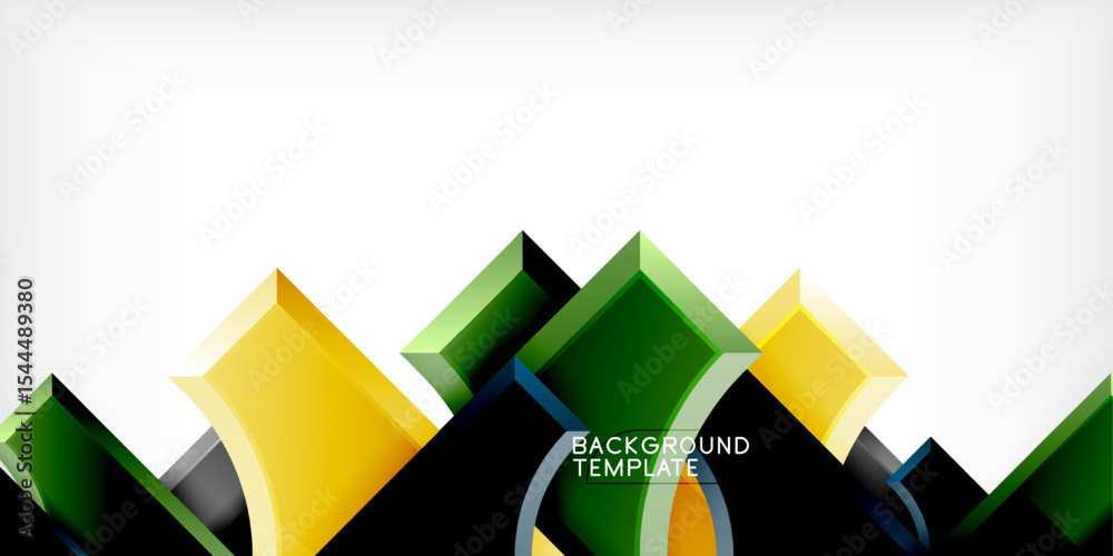 Poster Abstract geometric shapes, vibrant colors, dark background. Modern design elements create dynamic visual impact. Clean lines, glossy finish.