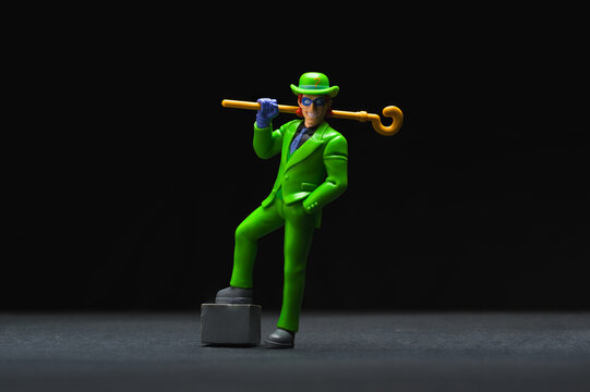 Antalya, Turkey - June 18, 2025: Riddler action figure standing confidently on black background