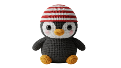 Cute crocheted penguin toy with striped hat in playful pose  