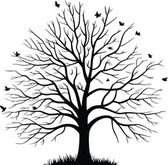 Obraz premium Bare Tree Silhouette with Flying Birds Vector Illustration for Nature and Seasonal Design