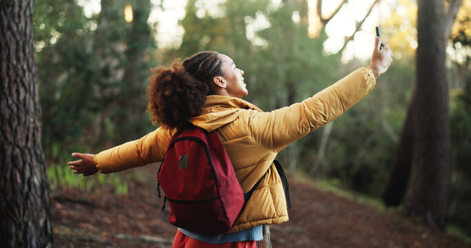 Selfie, hiker and woman in woods, trip and memory of vacation on social media, backpacking and post. Outdoor, photography and influencer on adventure in forest, person and profile picture on holiday