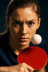 Focused woman playing table tennis with intensity and concentration.
