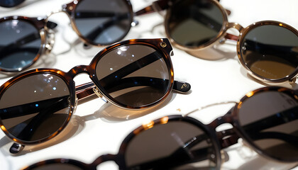 sunglasses on white background, sunglasses, fashion, accessories, close-up, eyewear, reflection, vintage, retro, multiple, assorted, various, textured, wooden surface, 4K and HD image