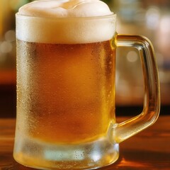 Frosty beer mug with foam and condensation droplets on a wooden surface, refreshing drink.