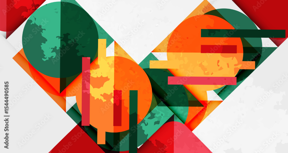 Poster abstract geometric composition. overlapping shapes, vibrant colors, modern design. red, green, orang