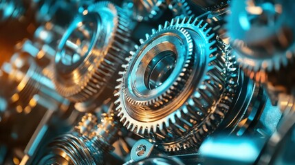 A close-up of a mechanical gear system with a metallic sheen, featuring a central gear with teeth, surrounded by various other gears and components, set against a blurred background with a blue.