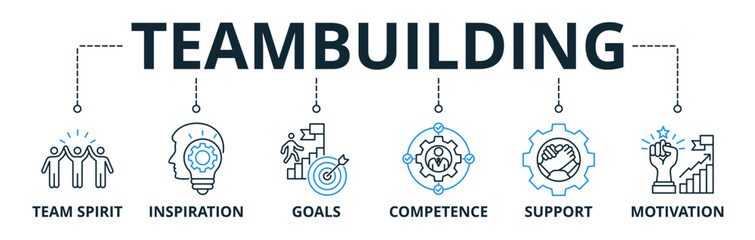 Team building web banners concept vector illustration with keywords and icons