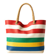 Fototapeta premium Vibrant Multicolored Striped Tote Bag with Rope Handle for Stylish Summer Outings, Perfect for Beach Days and Casual Errands, Isolated on Transparent and White Background