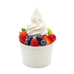 A refreshing frozen yogurt dessert in a white cup, generously topped with an assortment of fresh, colorful berries and sliced kiwi.