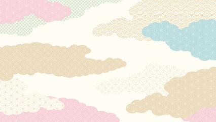 16:9の背景素材：日本の伝統的な柄を集めた雲の形の風景