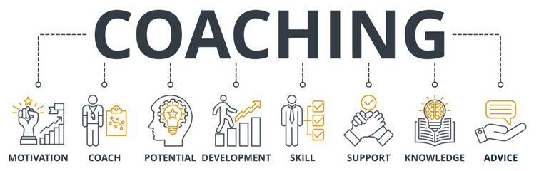Coaching web banners concept vector illustration with keywords and icons