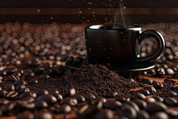 detailed image of Coffee beans, ground coffee and cup of black coffee