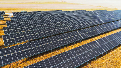 Renewable energy farm with multiple solar panels in sunlight