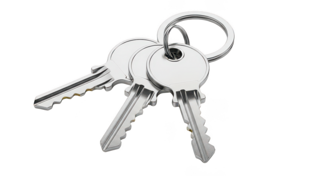 Metallic keys on keyring isolated