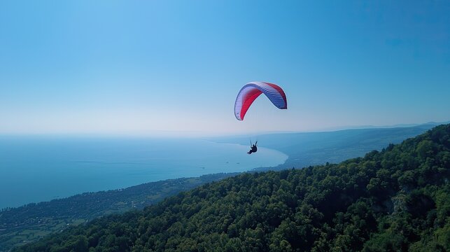 Paraglider soaring above a vista of forest and sea.