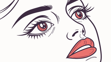 Close up portrait of a woman with red lips and eyes looking up with black lines and white background