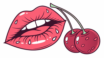 Illustration of pink lips with water droplets and two cherries with stems on a white background
