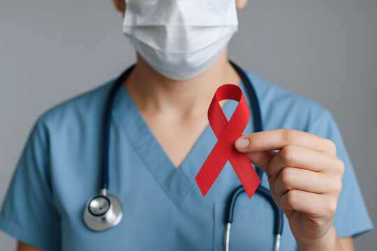 Doctor holding red ribbon symbolizing hiv awareness with hologram effect on medical background - Powered by Adobe