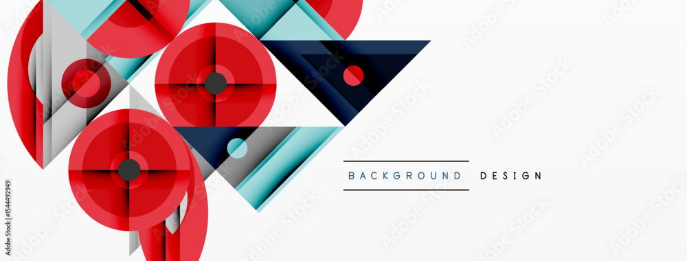 Poster Abstract geometric shapes, red, blue, white. Modern design elements create dynamic composition. Clean lines, minimalist style.