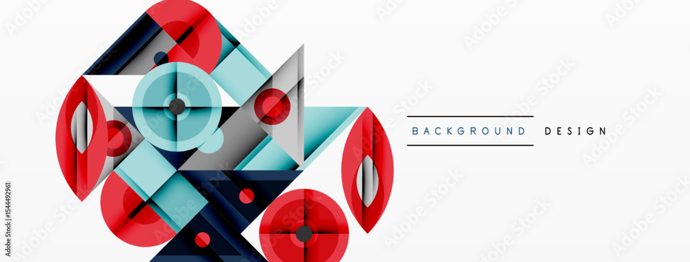 Poster Abstract geometric shapes, red, blue, silver tones. Modern design elements create dynamic composition. Clean lines, minimalist style.