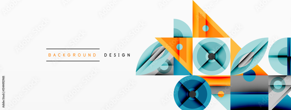 Poster Abstract geometric shapes overlap, creating dynamic visual effect. Orange, blue, gray tones dominate composition. Minimalist design.