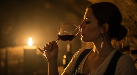 Woman Tasting Red Wine in Candlelit Cellar