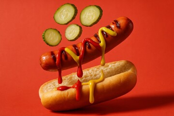 Gourmet Hot Dog with Mustard, Ketchup, and Relish Falling onto a Bun