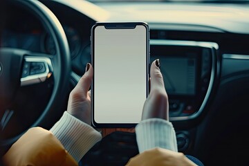 A Close Up Shot of Hands Holding a Smartphone with a Blank Screen Inside a Car