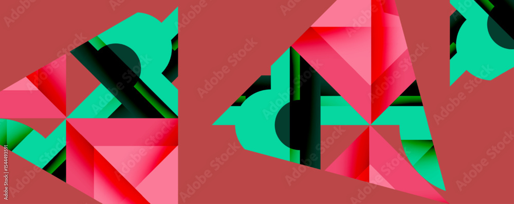 Poster Abstract geometric composition. Red, turquoise, black shapes intersect creating dynamic visual pattern. Minimalist design, modern aesthetic.