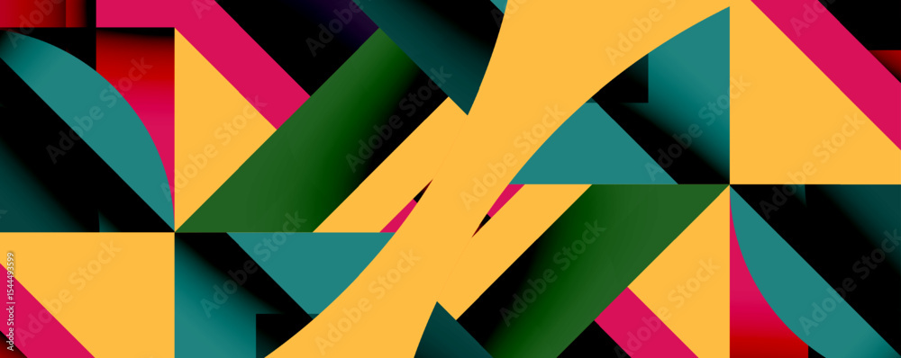 Poster Abstract geometric shapes overlap, creating vibrant color contrasts. Triangles dominate composition, suggesting dynamic movement.