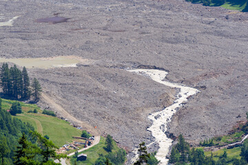 Aerial view of rockfall with gravel and Lonza River at Lötschental Valley in the Swiss Alps covering almost entire mountain village of Blatten. Photo taken June 19th, 2025, Wiler, Switzerland.