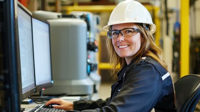 A woman wearing a white hard hat and safety glasses, seated at a computer in a factory setting, with a computer monitor and keyboard in front of her.