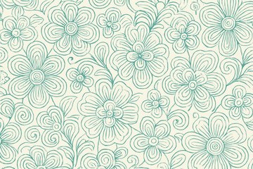 Fototapeta premium Hand-drawn floral seamless pattern with teal linework on cream background