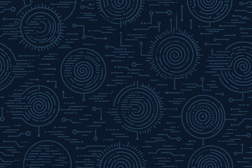 Abstract geometric pattern featuring circular lines and digital circuits.